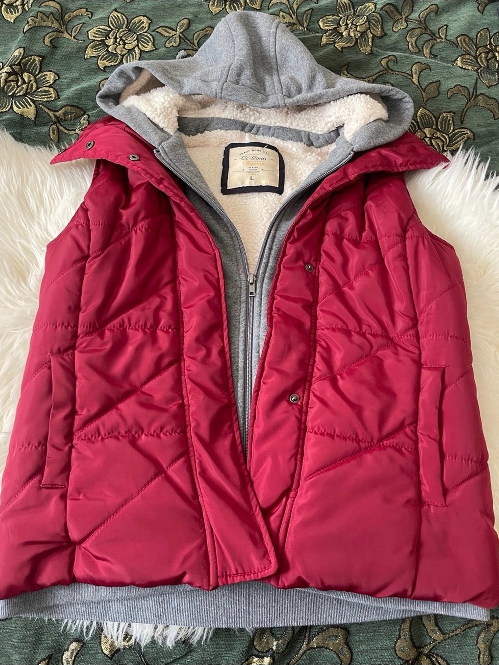 Ci Sono Red Quilted Puffer Vest with Gray Hooded Layer